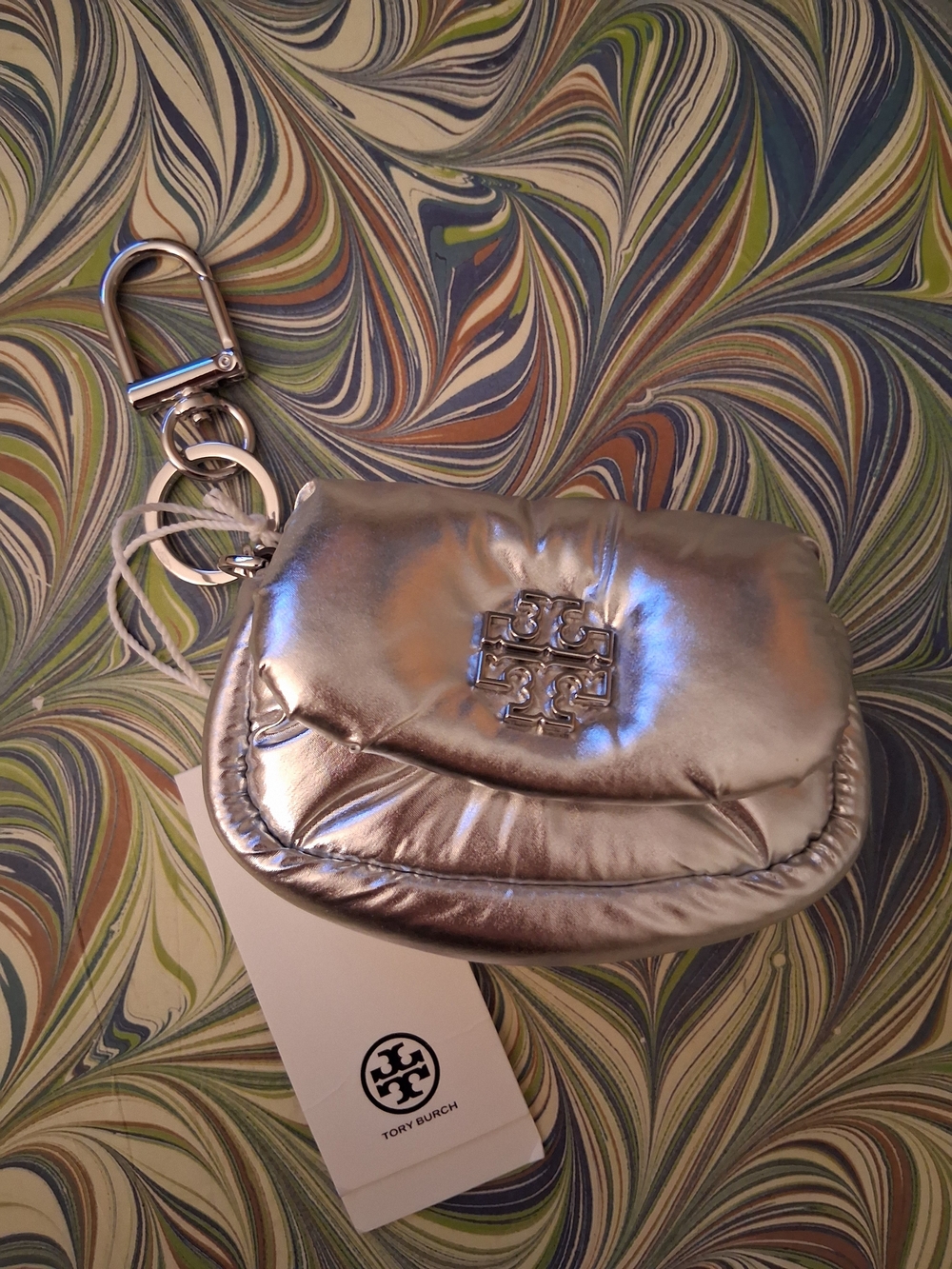 Tory Burch Metallic Silver Mini Keychain "Puffer" Pouch NWT